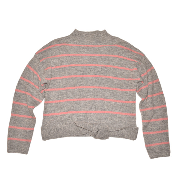 WAYF NEW $59 Mock‎ Neck Tie-Waist Sweater in Gray Pink Stripe Large - Picture 2 of 3